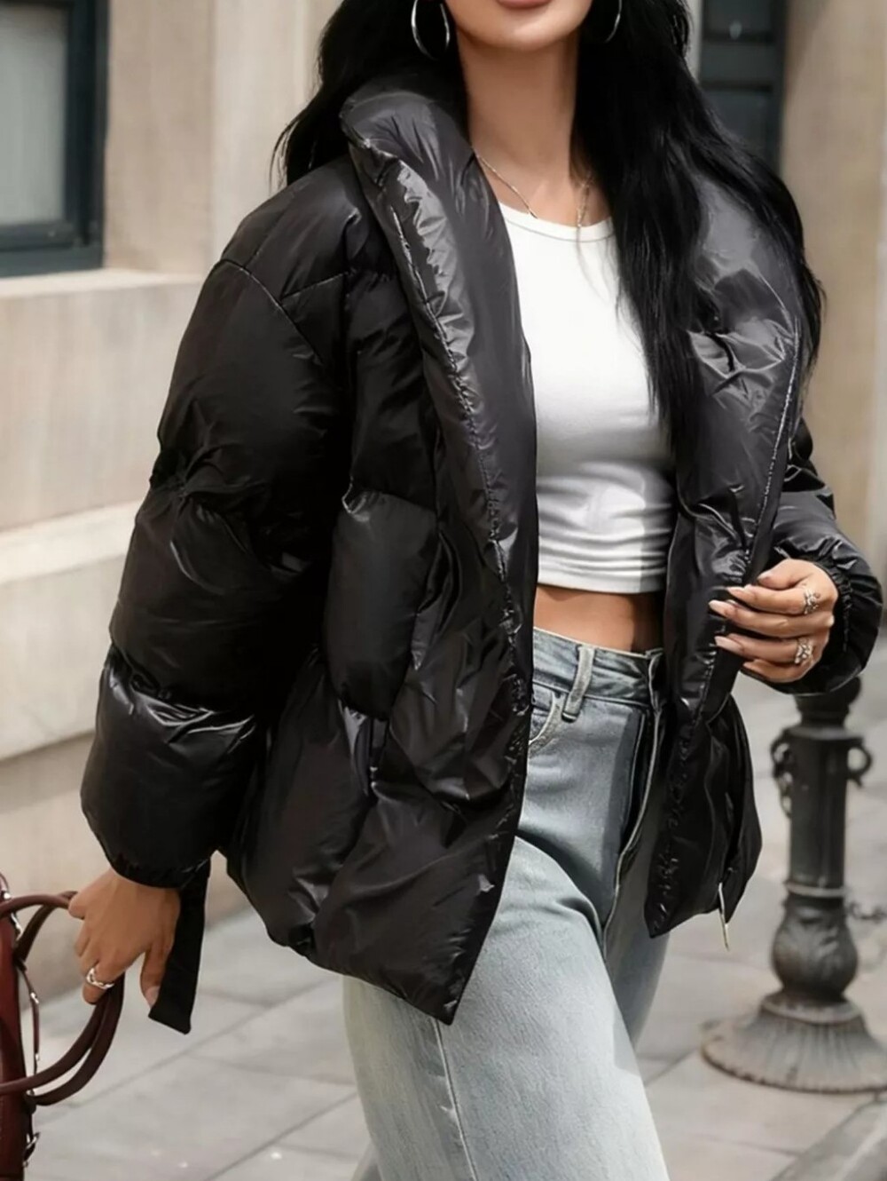 Long Sleeve Belted Puffer Jacket - Picture 3 of 7